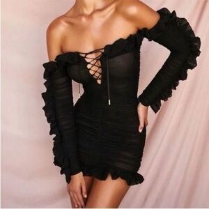 House Of CB Tatyana Black Frilled Lace Up Dress Size XS New without